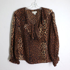 Vtg Express Silk Top L Brown BLack Leopard Long Sleeve Ruffl Collar Cuffs Vneck